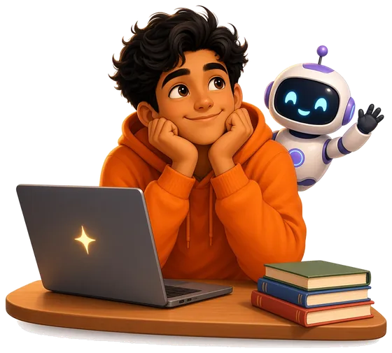 Student with a laptop and AI robot waiting for the Gen AI Days countdown